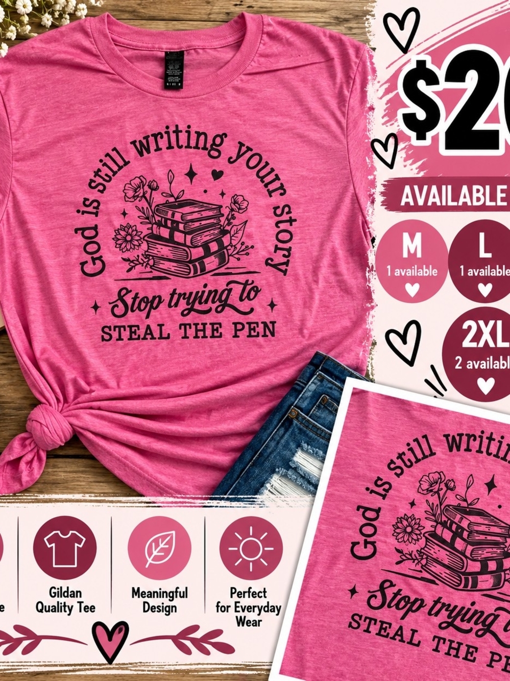 Gildan Bright Pink Tee with Inspirational Black Graphic